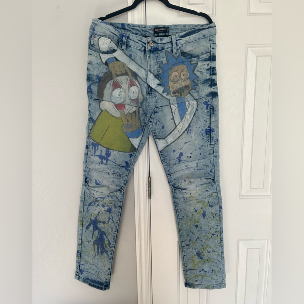 Custom Southpole Rick and Morty Painted Light Wash Jeans